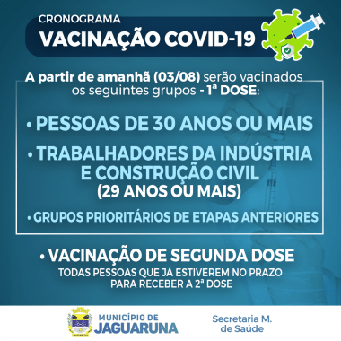 Vacinação Covid-19: Pessoas de 30 anos ou mais e grupos prioritários